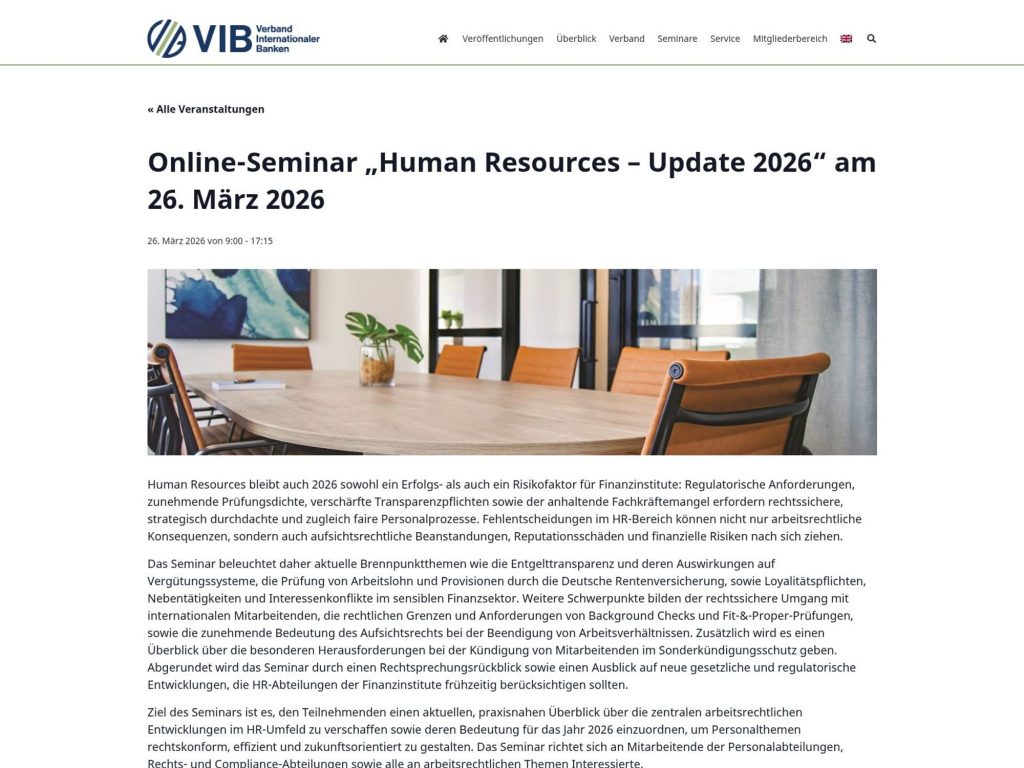 Online-Seminar “Human Resources – Update 2026” website