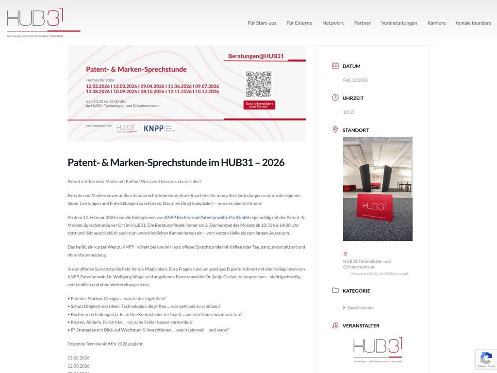 Patent- & Marken-Sprechstunde im HUB31 – 2026 website