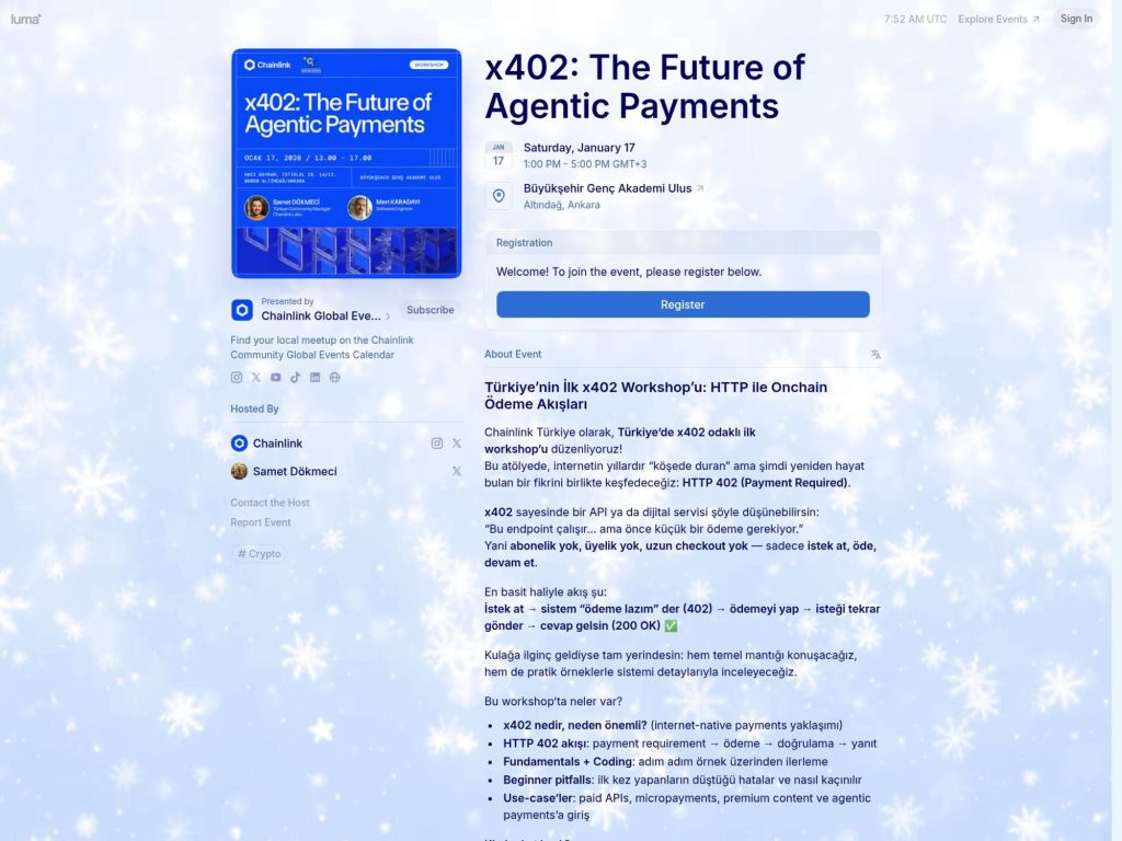 Türkiye’nin İlk x402 Workshop’u: HTTP ile Onchain Ödeme Akışları - x402: The Future of Agentic Payments - Event screenshot