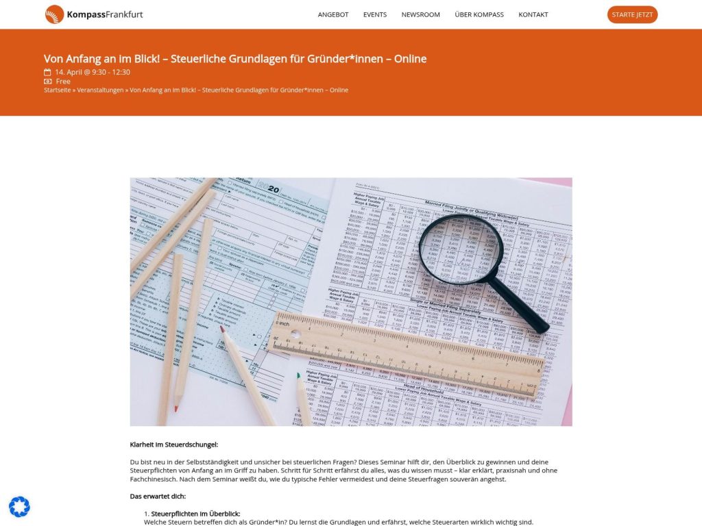 Von Anfang an im Blick! – Steuerliche Grundlagen für Gründer*innen – Online website