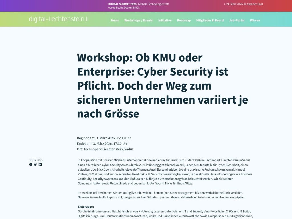 Workshop: Ob KMU oder Enterprise: Cyber Security ist Pflicht. Doch der Weg zum sicheren Unternehmen variiert je nach Grösse website