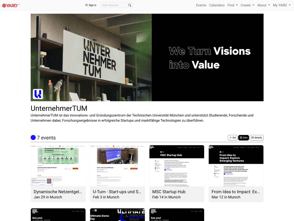 Custom YARD calendars launched - UnternehmerTUM München - Kalender mit Events