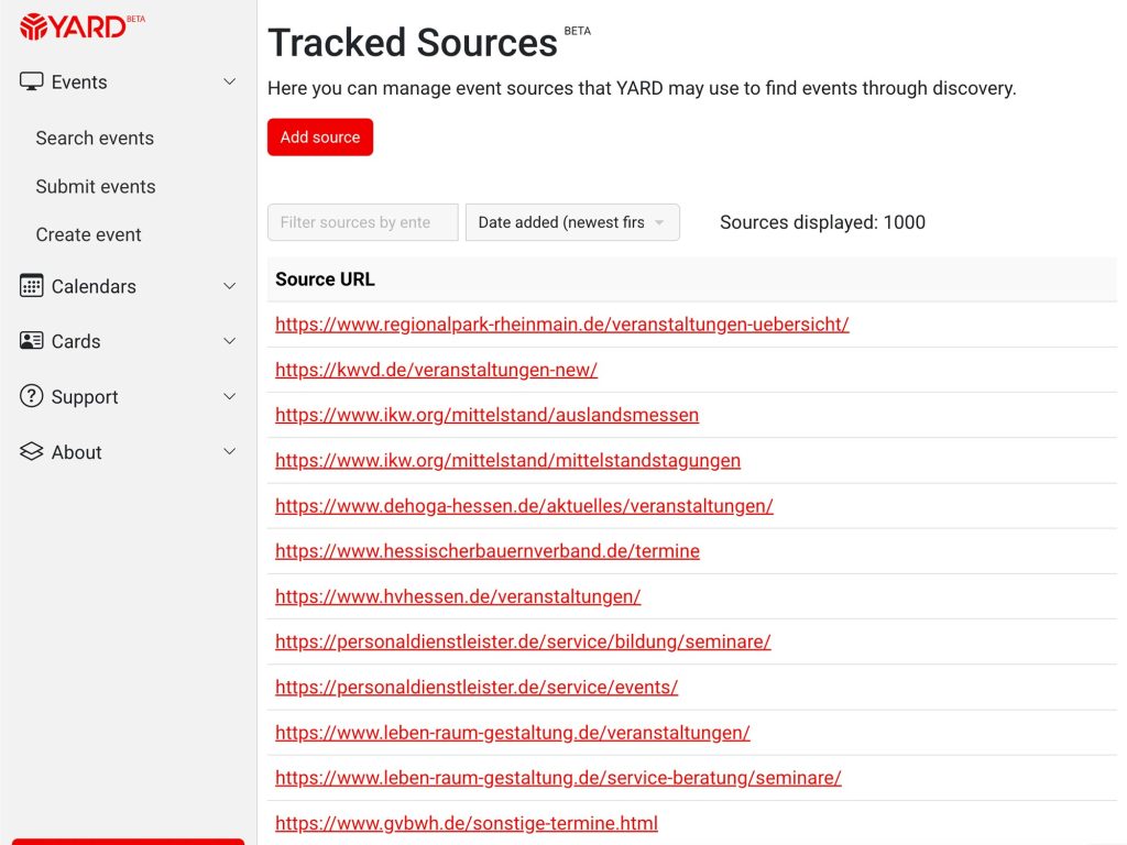 YARD events - tracked sources - event calendar scraping - crawling of business events