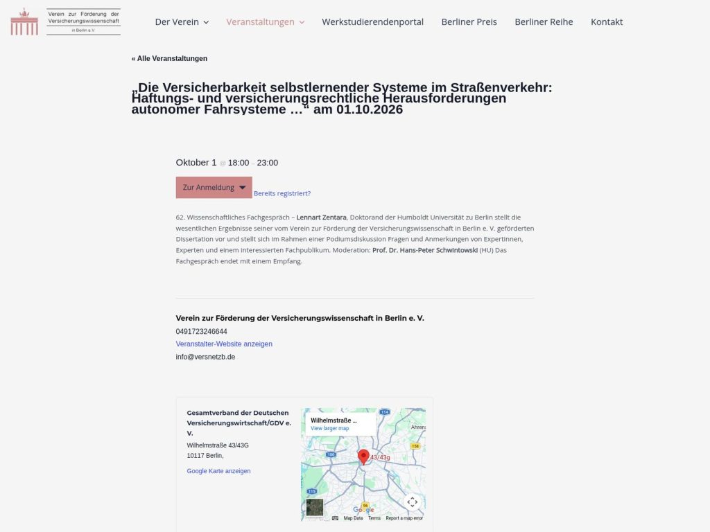 62. Wissenschaftliches Fachgespräch: Die Versicherbarkeit selbstlernender Systeme im Straßenverkehr website