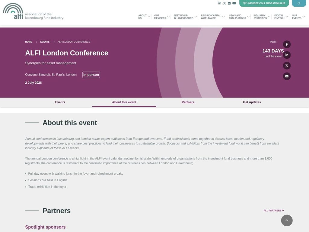 ALFI London Conference and Cocktail website