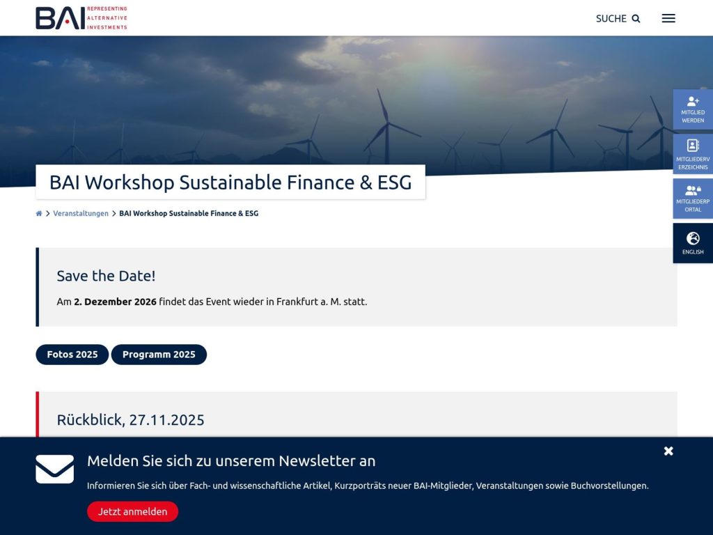 BAI Workshop Sustainable Finance & ESG website