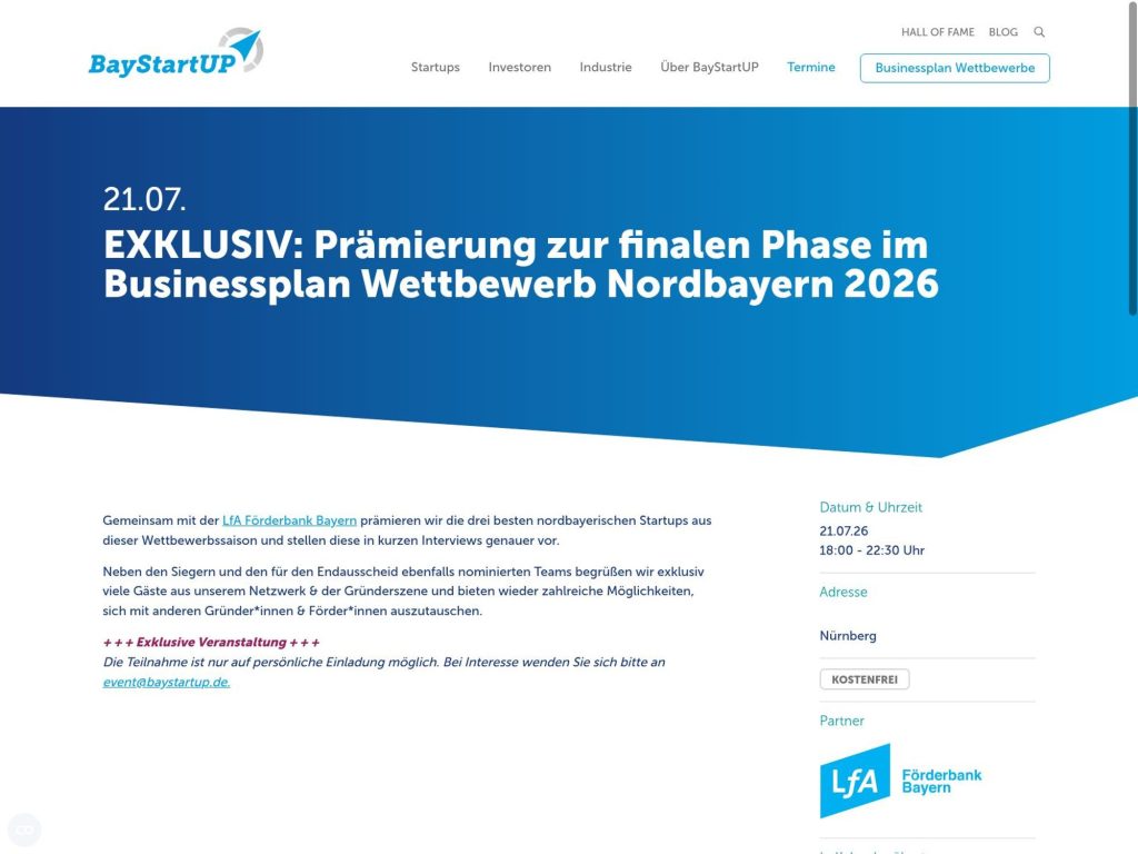 Prämierung zur finalen Phase im Businessplan Wettbewerb Nordbayern 2026 website