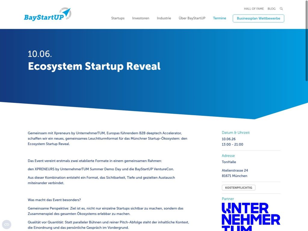Ecosystem Startup Reveal website