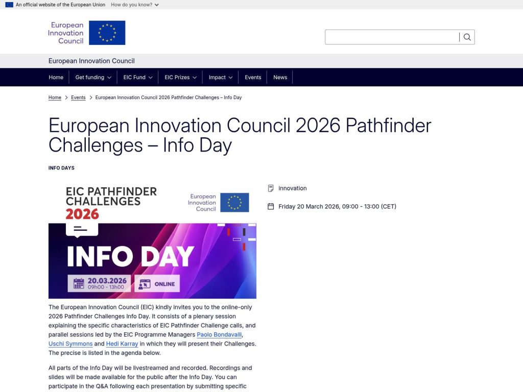 European Innovation Council 2026 Pathfinder Challenges – Info Day website