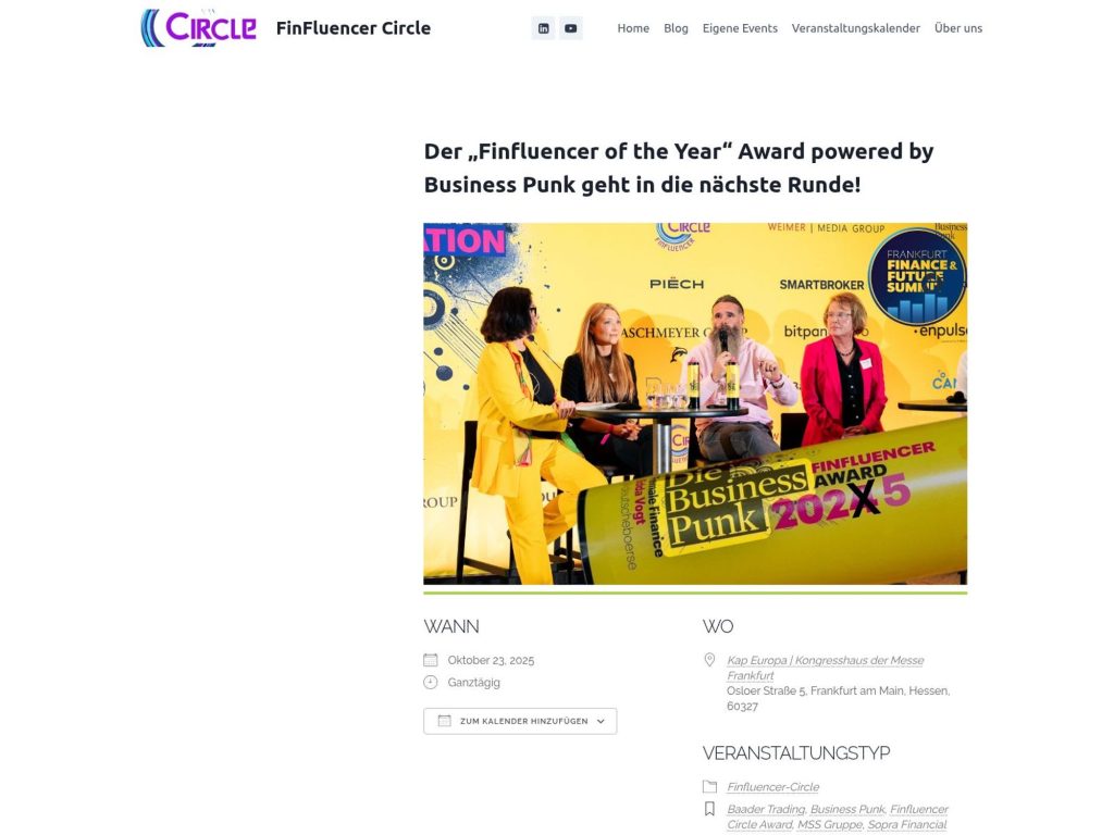 Finfluencer of the Year Award 2025 Preisverleihung - Powered by Business Punk, Sopra Financial Technology & Baader Trading