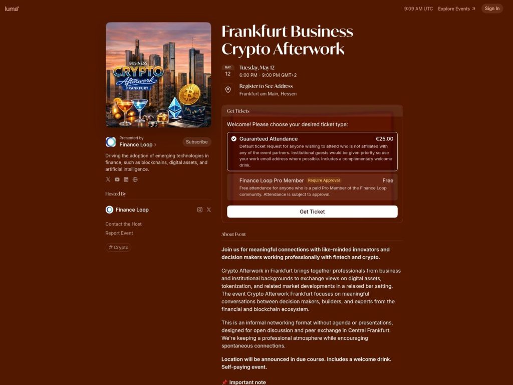 Frankfurt Business Crypto Afterwork - Join us for meaningful connections with like-minded innovators and decision makers working professionally with fintech and crypto.
