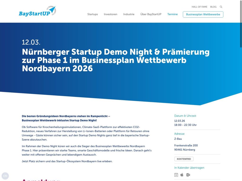Nürnberger Startup Demo Night & Prämierung zur Phase 1 im Businessplan Wettbewerb Nordbayern 2026 website