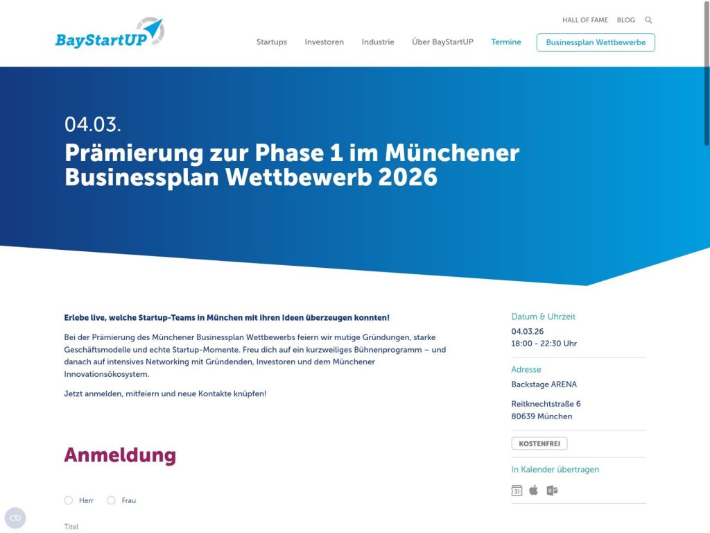 Prämierung zur Phase 1 im Münchener Businessplan Wettbewerb 2026 website