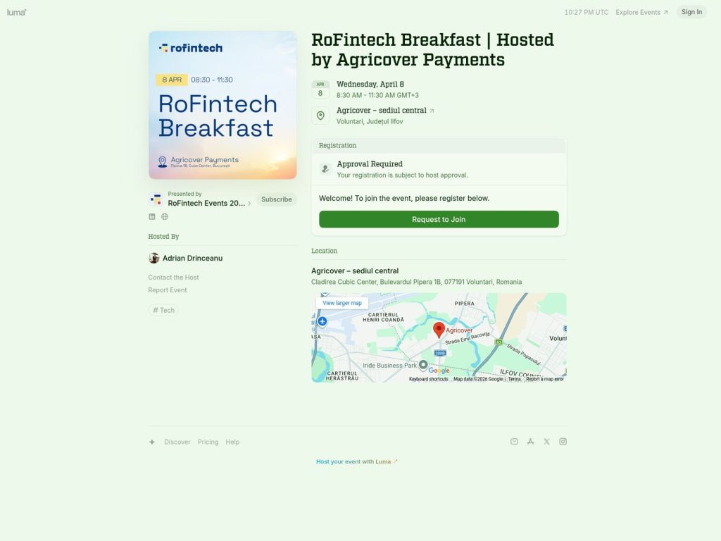 RoFintech Breakfast | Hosted by Agricover Payments website