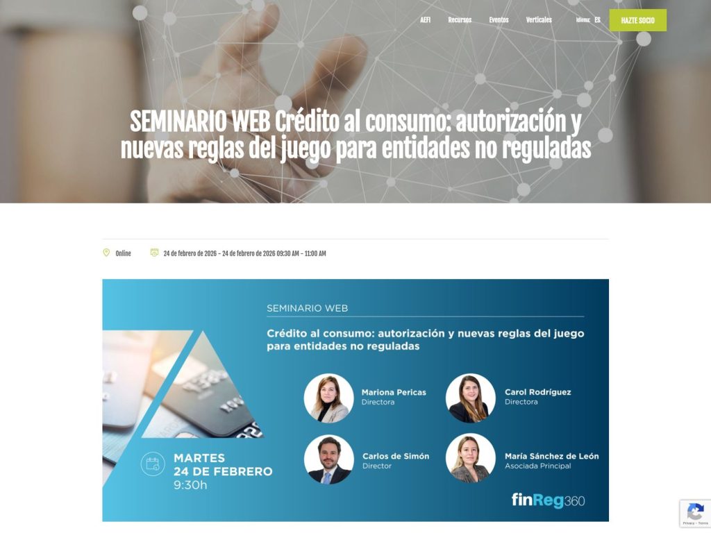 SEMINARIO WEB Crédito al consumo: autorización y nuevas reglas del juego para entidades no reguladas website
