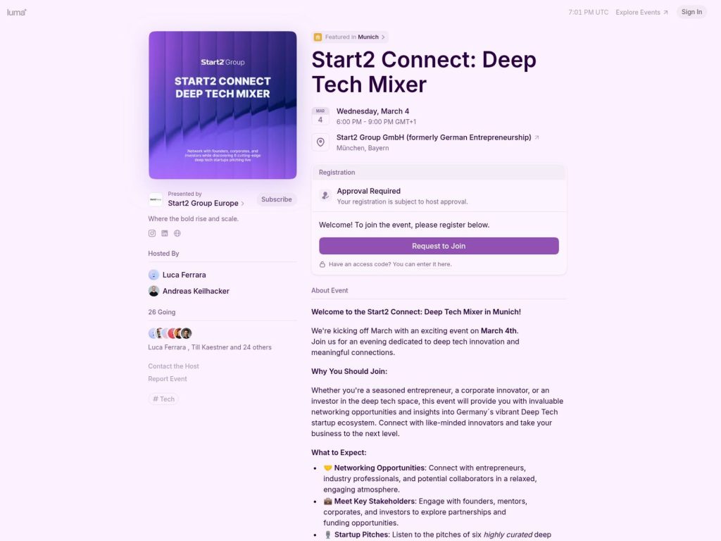 Start2 Connect: Deep Tech Mixer website