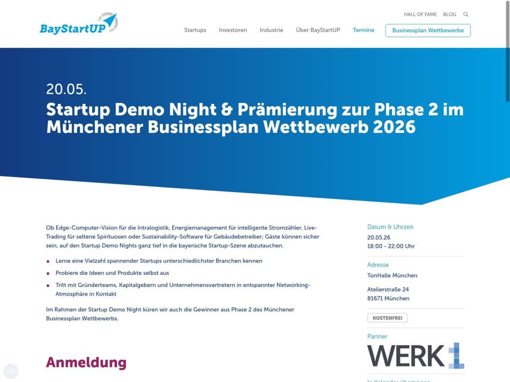 Startup Demo Night & Prämierung zur Phase 2 im Münchener Businessplan Wettbewerb 2026 website