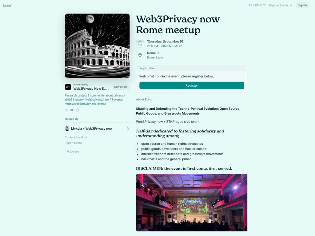 Web3Privacy now Rome meetup website