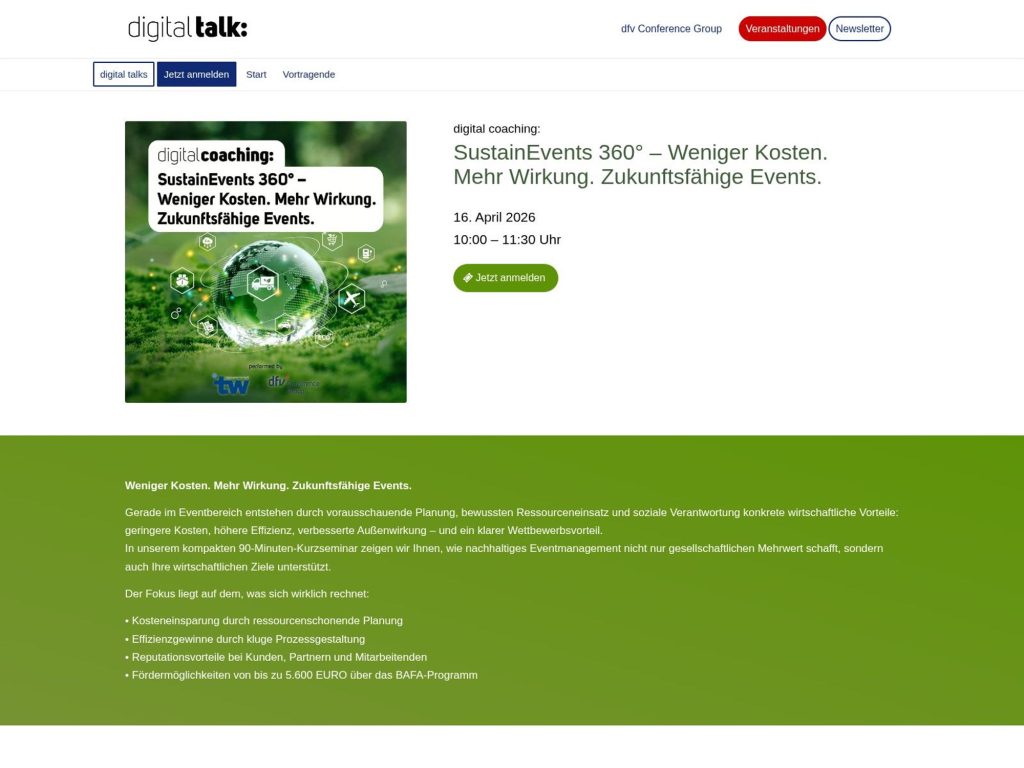 digital coaching: SustainEvents 360° – Weniger Kosten. Mehr Wirkung. Zukunftsfähige Events. website
