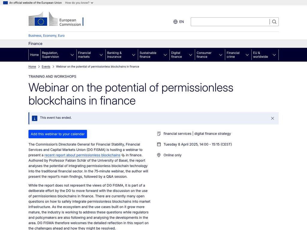 Webinar on the potential of permissionless blockchains in finance screenshot