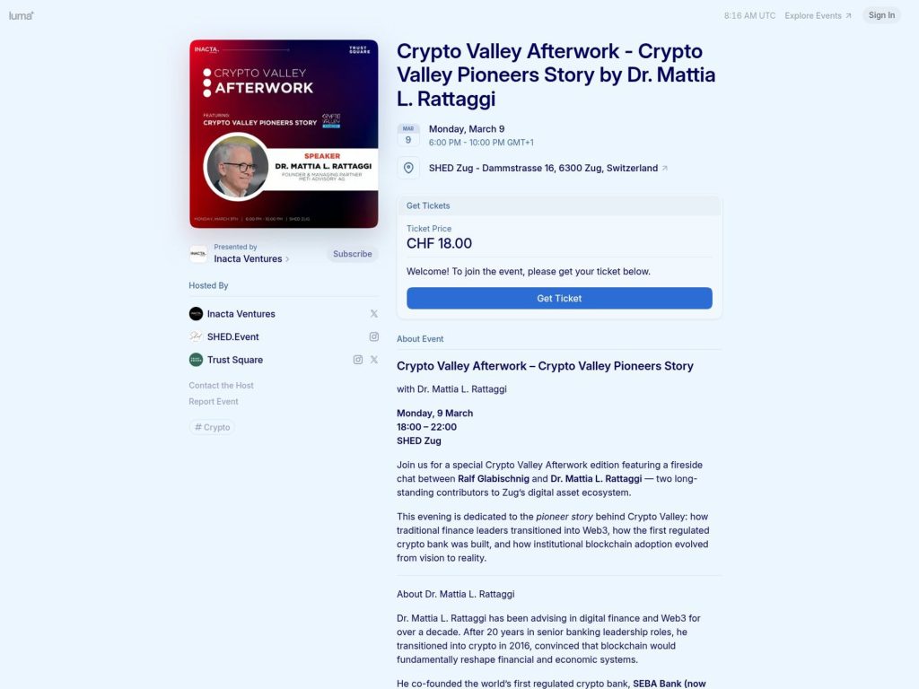 Crypto Valley Afterwork - Crypto Valley Pioneers Story by Dr. Mattia L. Rattaggi website