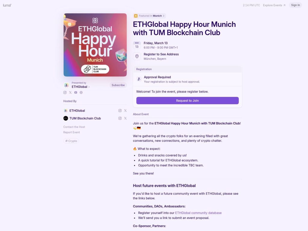 ETHGlobal Happy Hour Munich with TUM Blockchain Club website