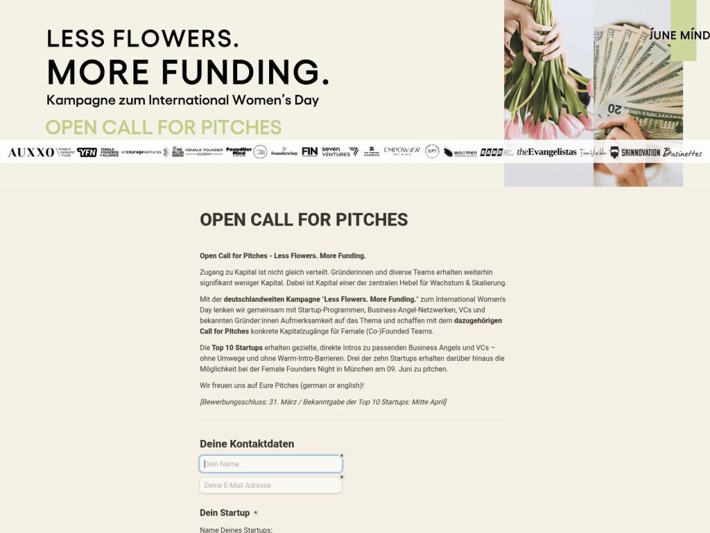 Open Call for Pitches: Less Flowers. More Funding. website