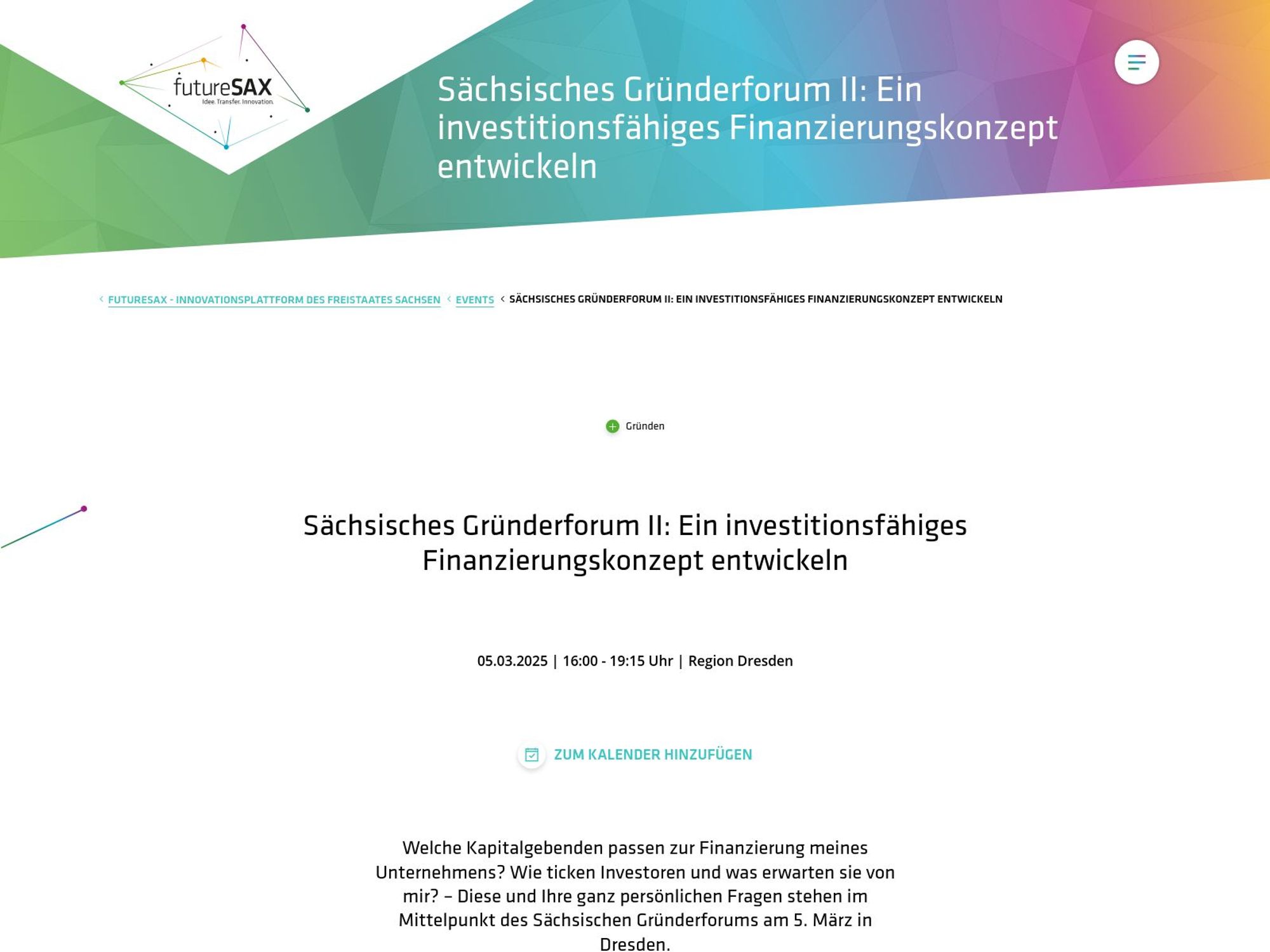 Sächsisches Gründerforum: Ein investitionsfähiges Finanzierungskonzept entwickeln screenshot