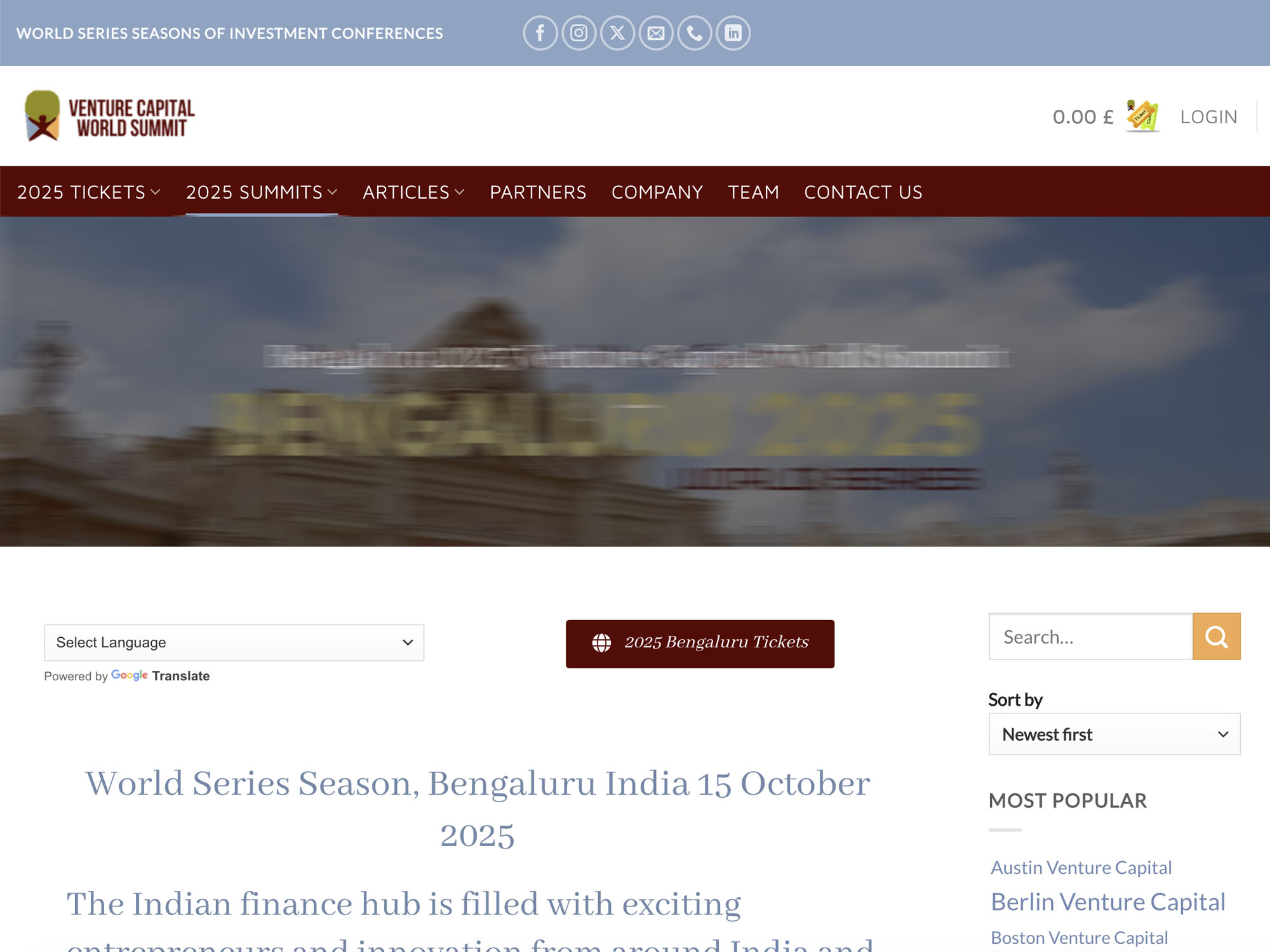 Bengaluru 2025 Venture Capital World Summit website