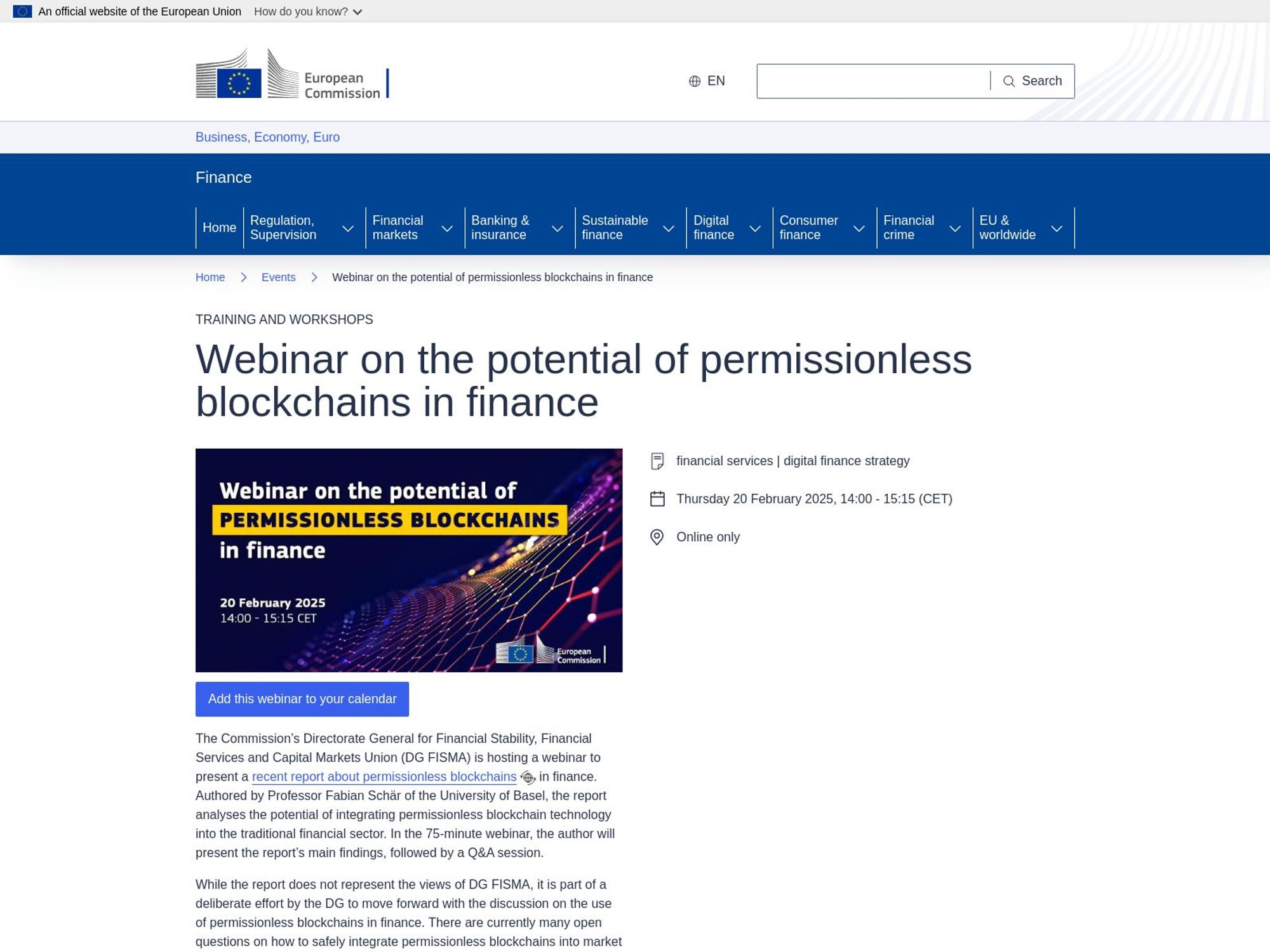 Webinar on the potential of permissionless blockchains in finance screenshot