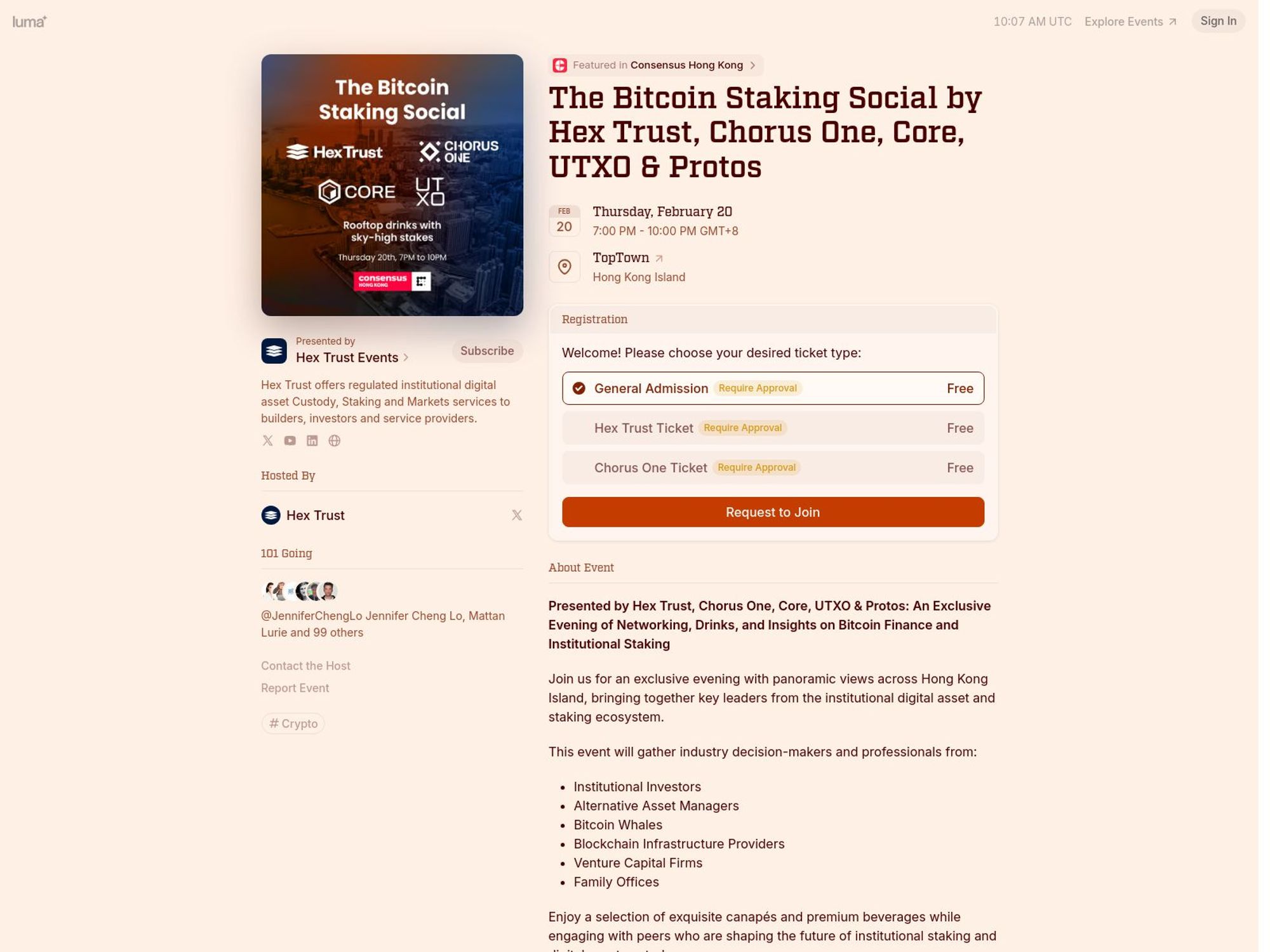The Bitcoin Staking Social by Hex Trust, Chorus One, Core, UTXO & Protos screenshot