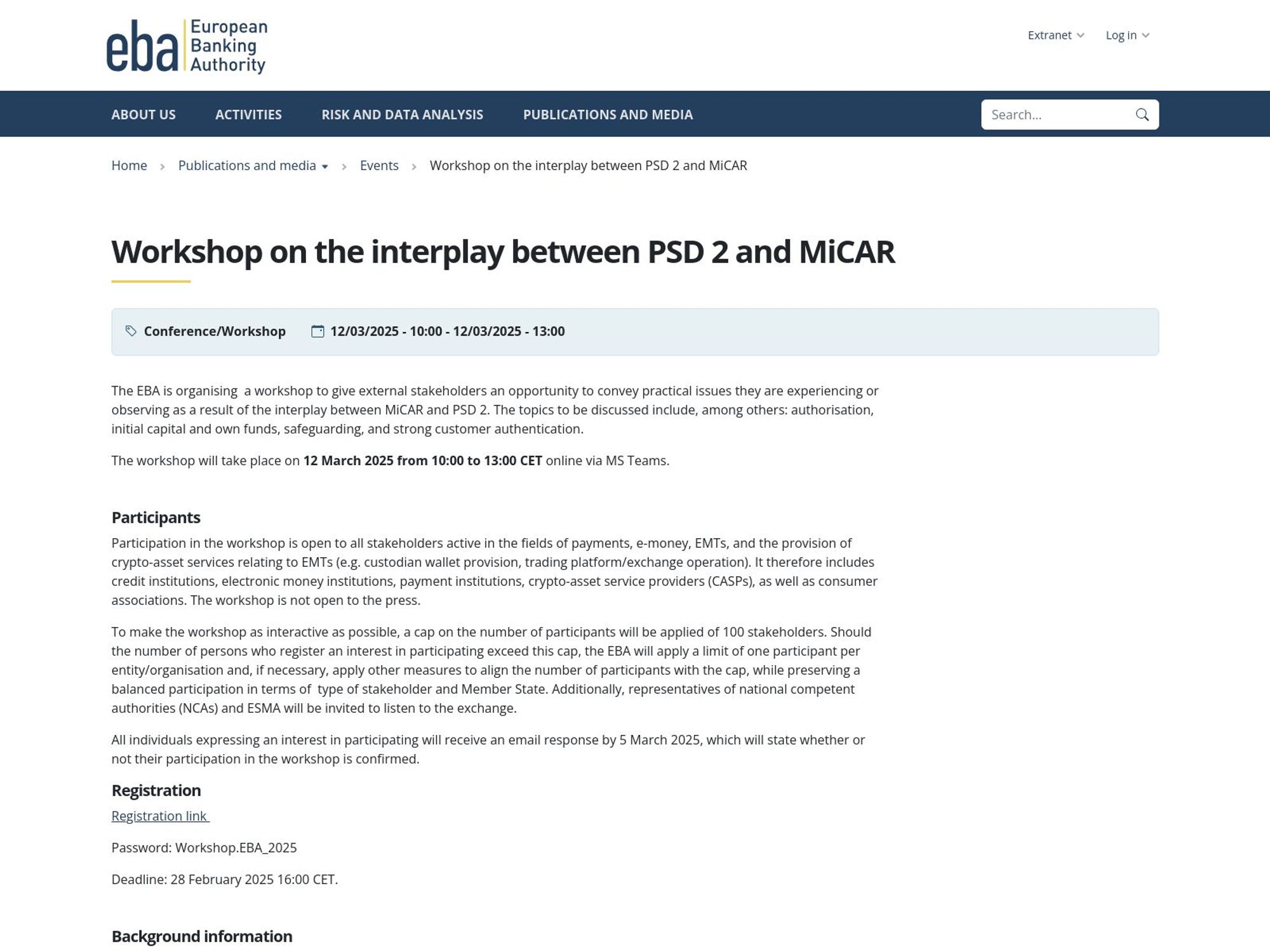 Workshop on the interplay between PSD 2 and MiCAR screenshot