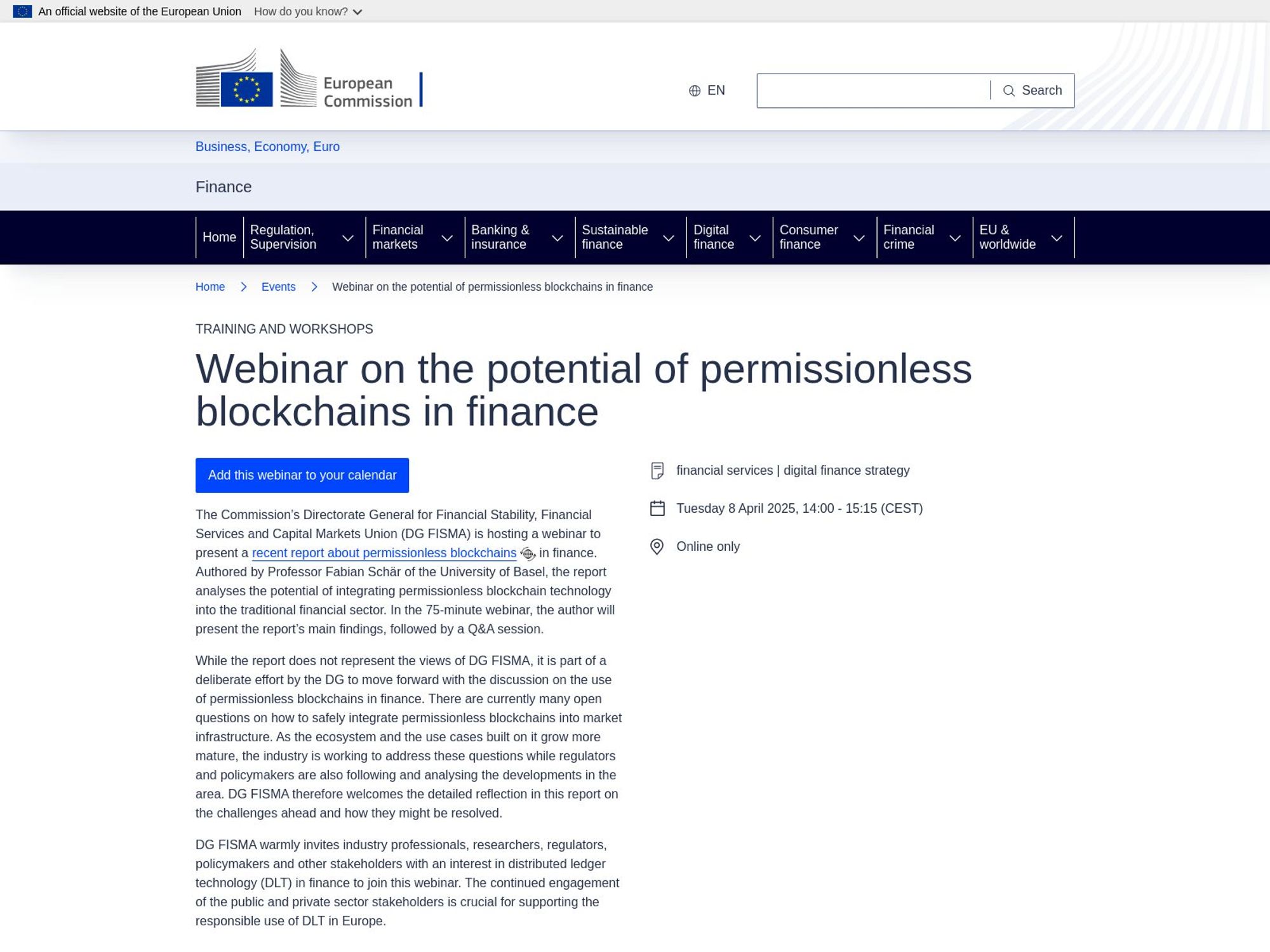 Webinar on the potential of permissionless blockchains in finance screenshot