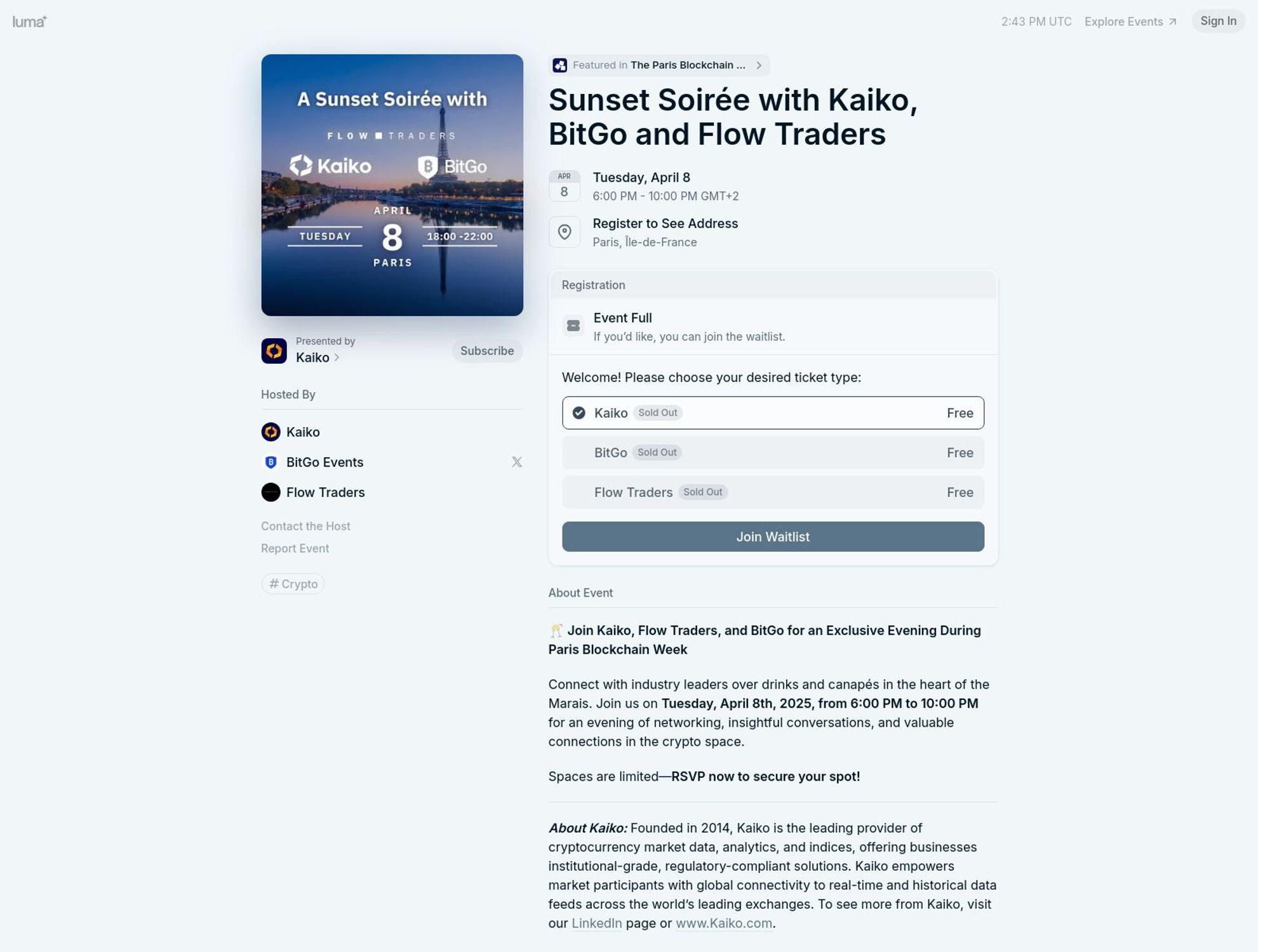Sunset Soirée with Kaiko, BitGo and Flow Traders screenshot