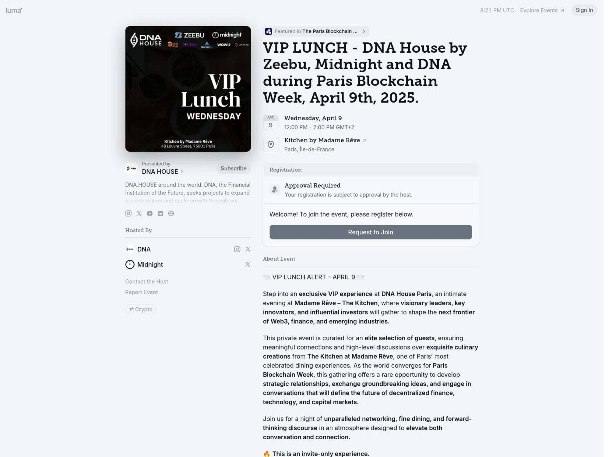 VIP LUNCH - DNA House by Zeebu, Midnight and DNA during Paris Blockchain Week, April 9th, 2025. screenshot