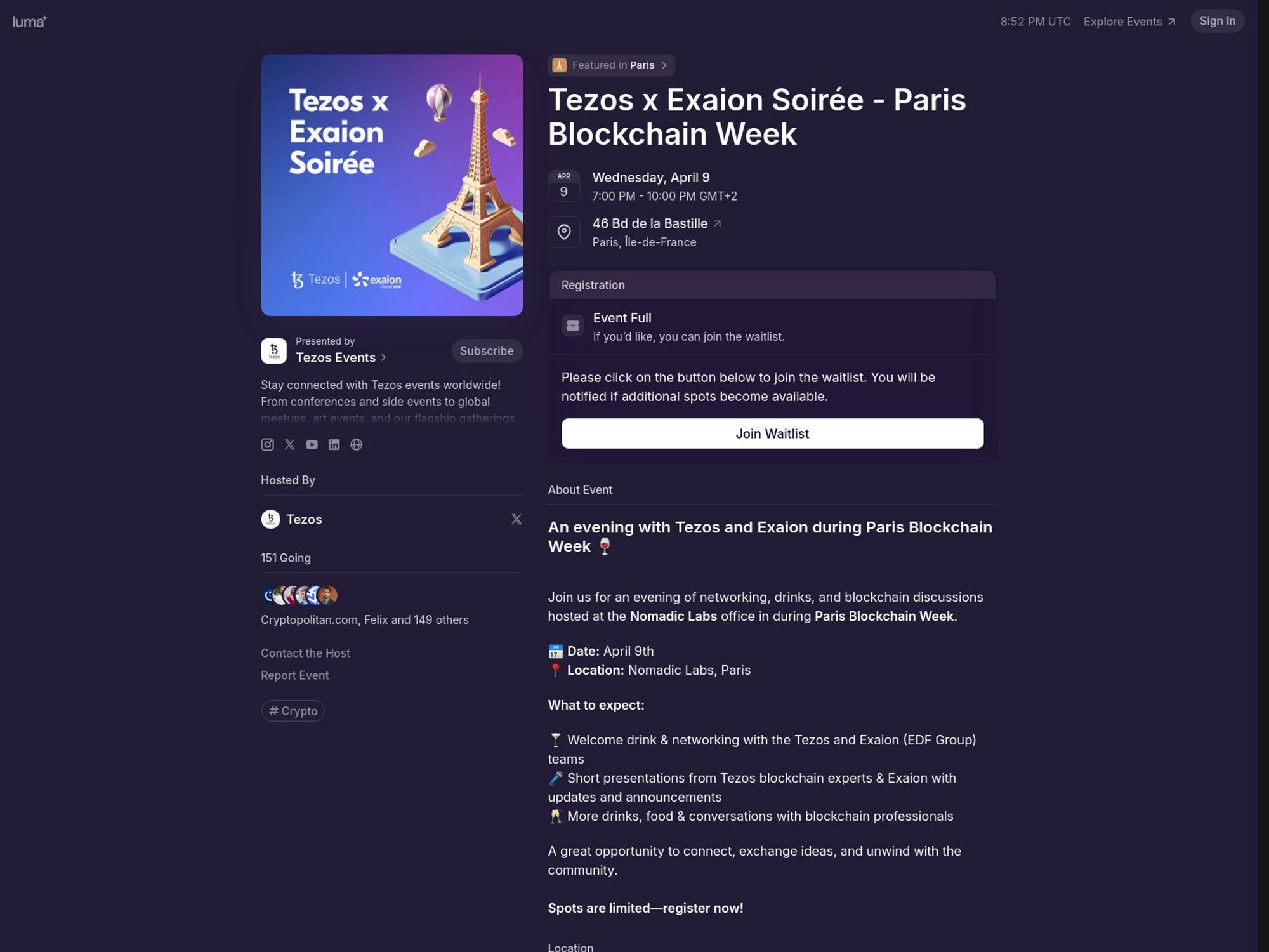 Tezos x Exaion Soirée - Paris Blockchain Week screenshot
