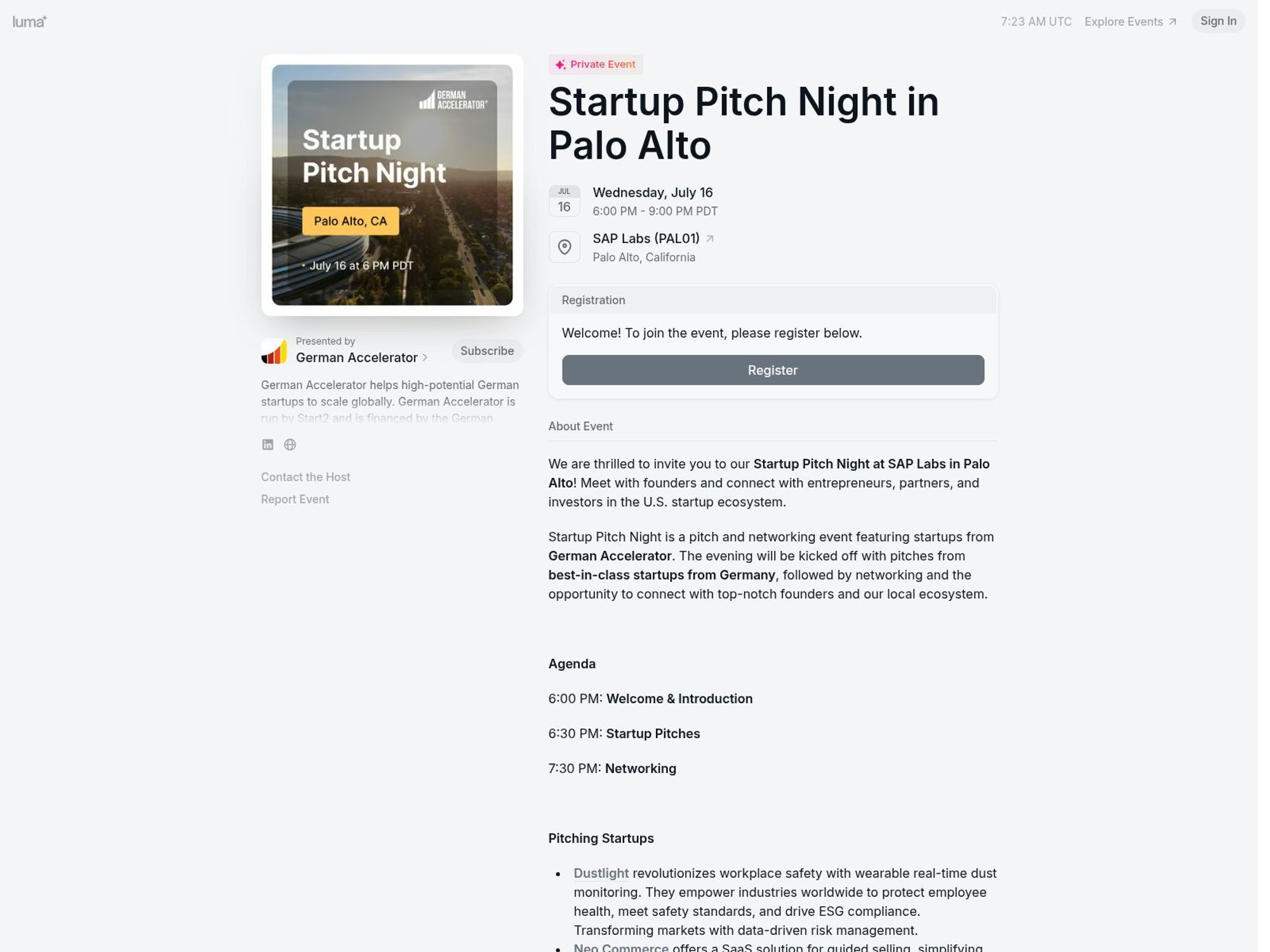 Startup Pitch Night in Palo Alto website