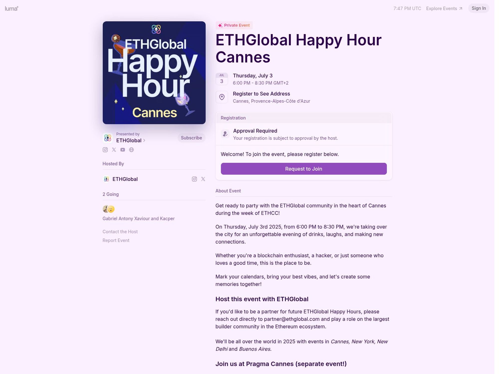 ETHGlobal Happy Hour Cannes website
