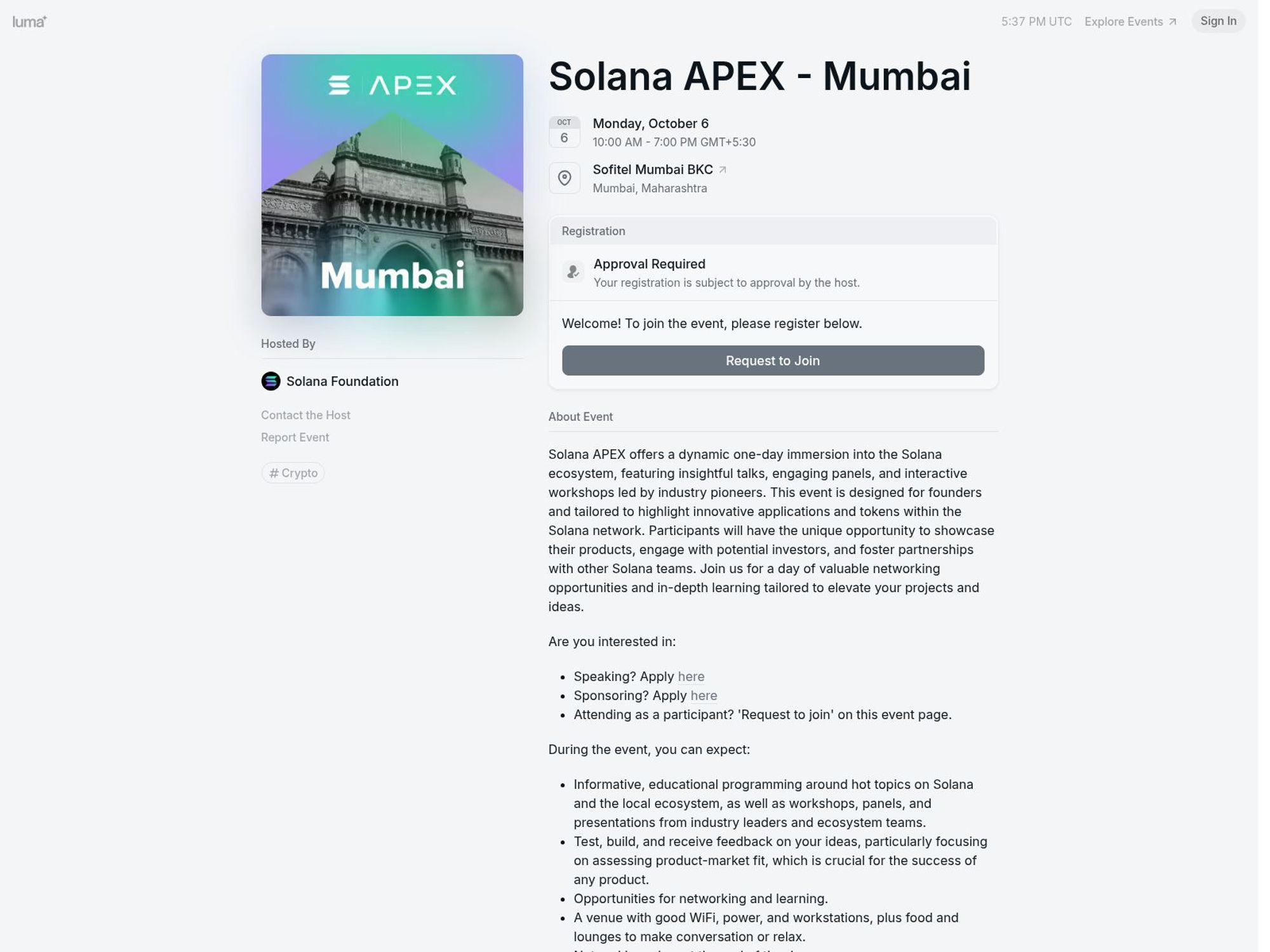 Solana APEX - Mumbai website