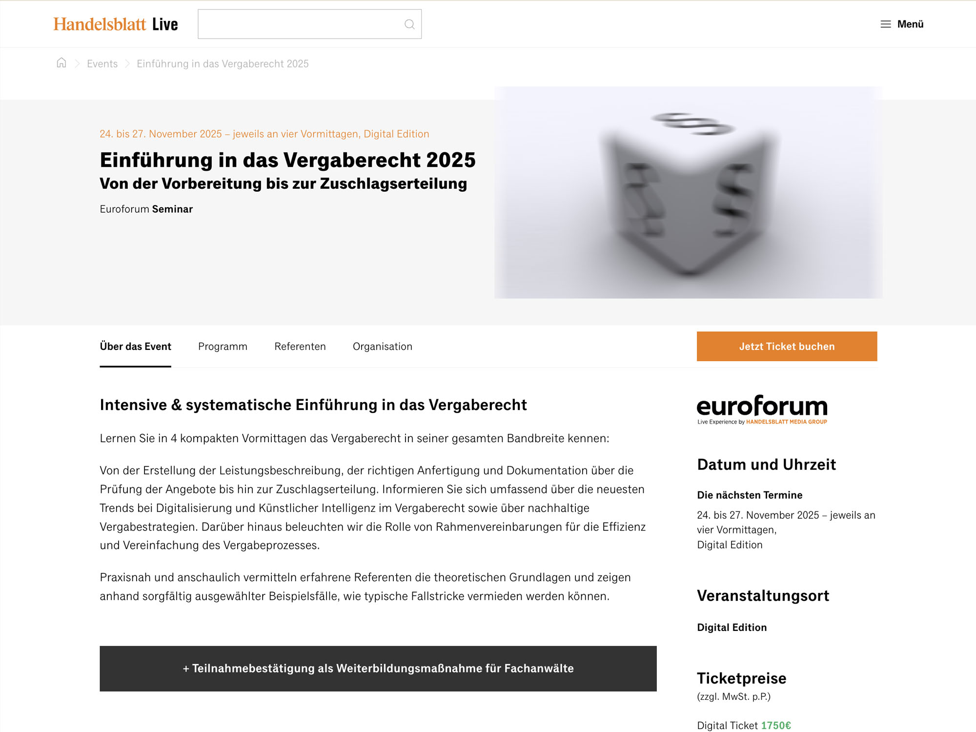 Einführung in das Vergaberecht 2025 - Euroforum Seminar website