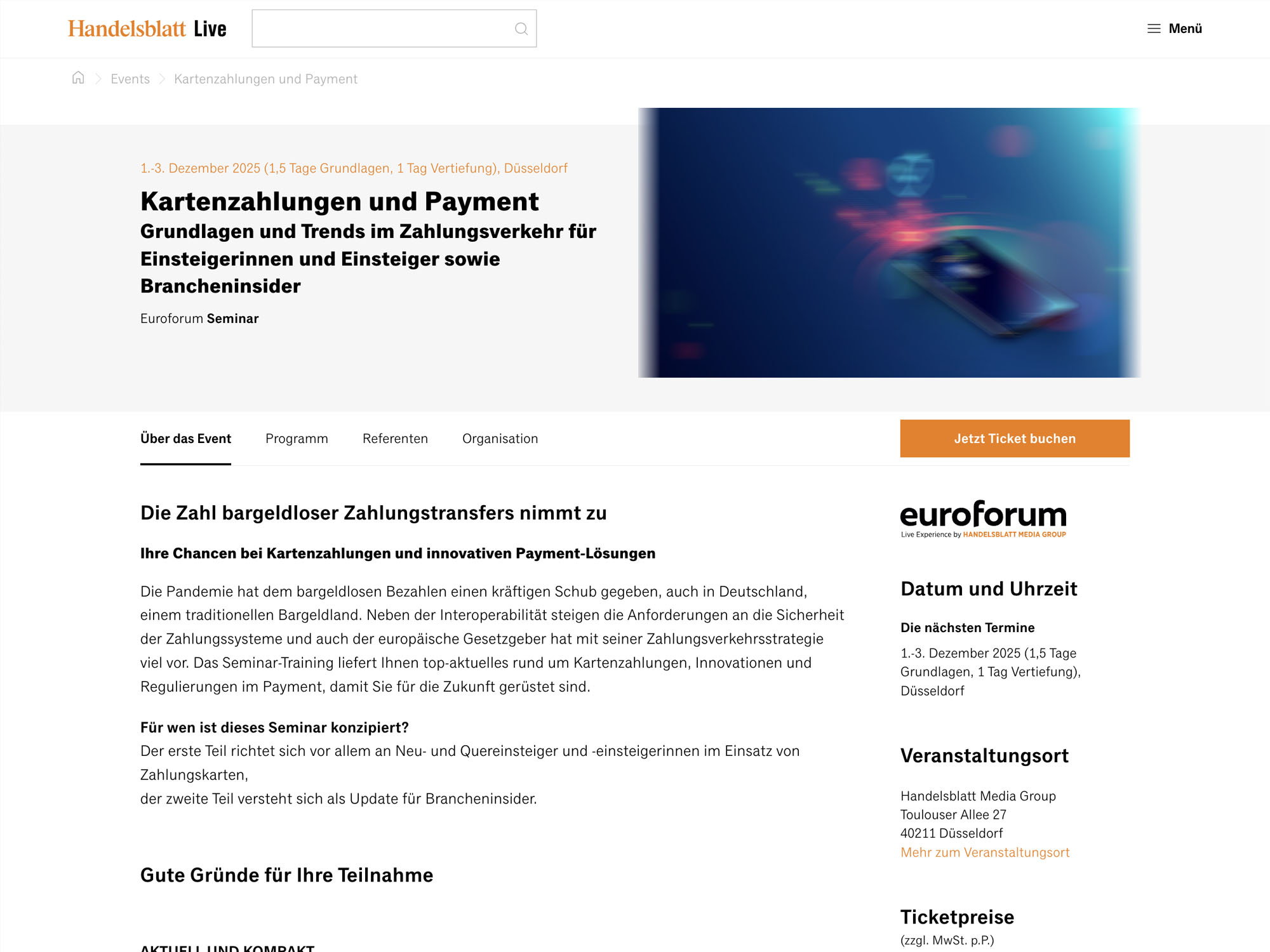 Kartenzahlungen und Payment - Euroforum Seminar website