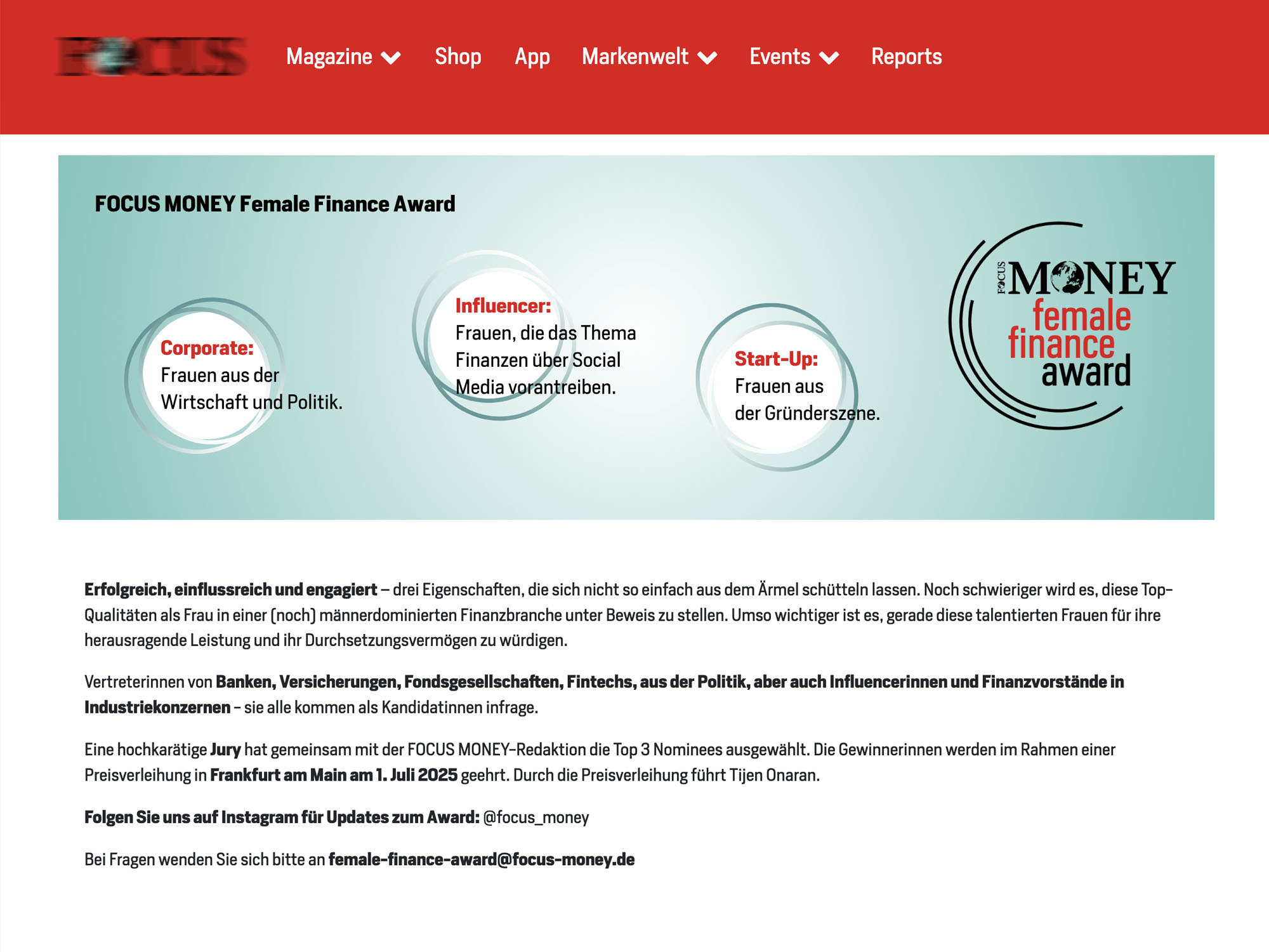 FOCUS MONEY Female Finance Award 2025 screenshot