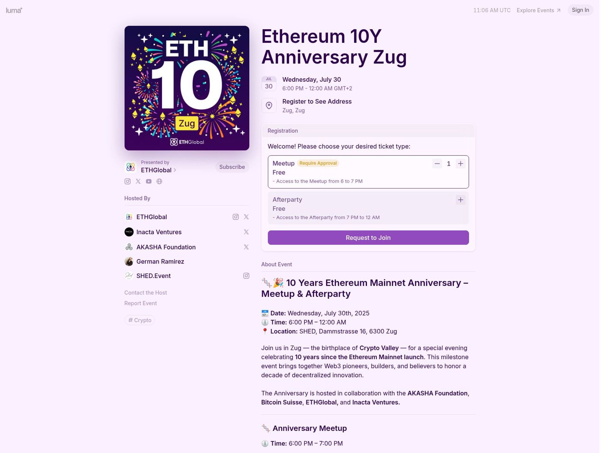 Ethereum 10Y Anniversary Zug website