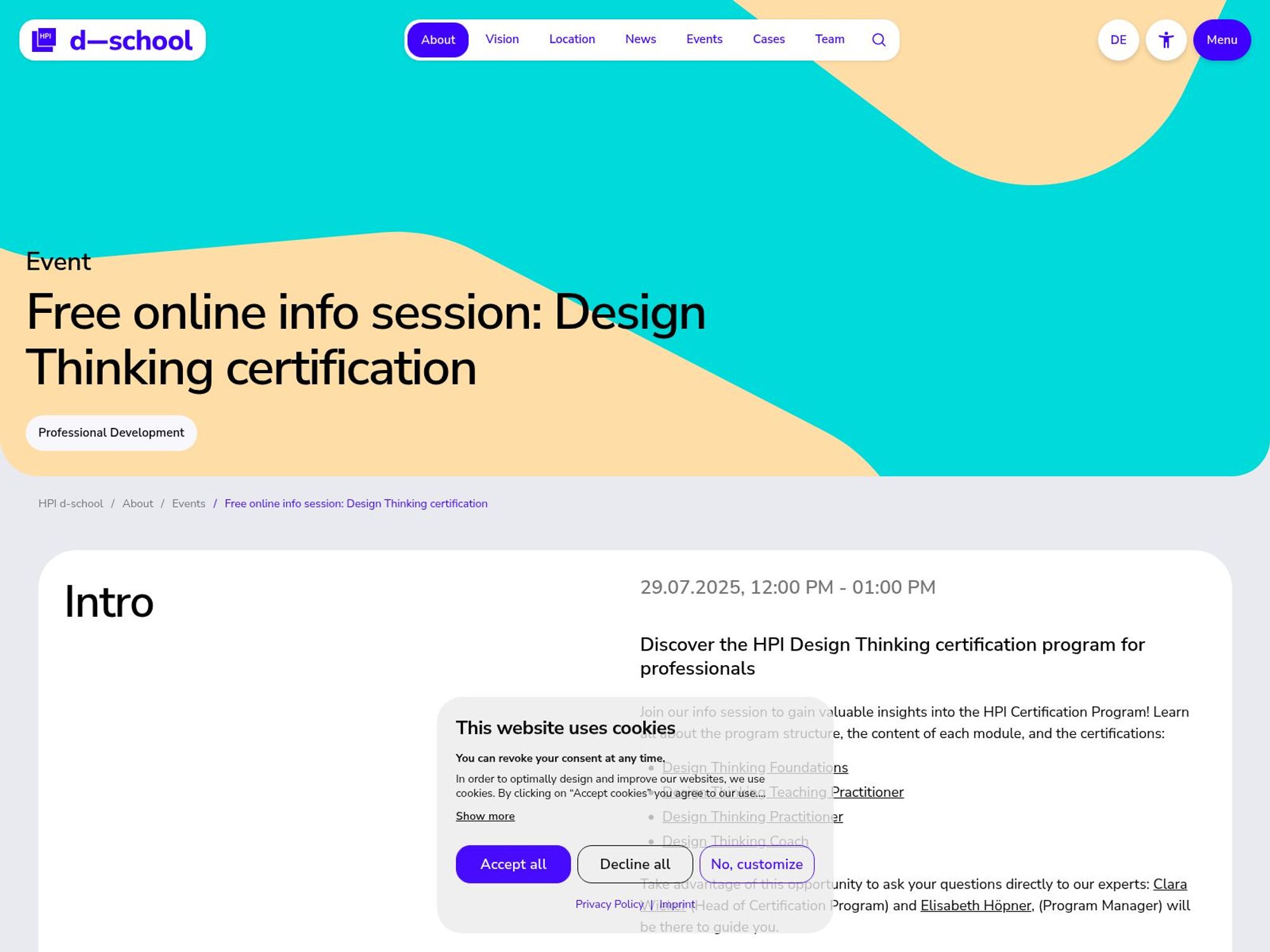 Free online info session: Design Thinking certification website