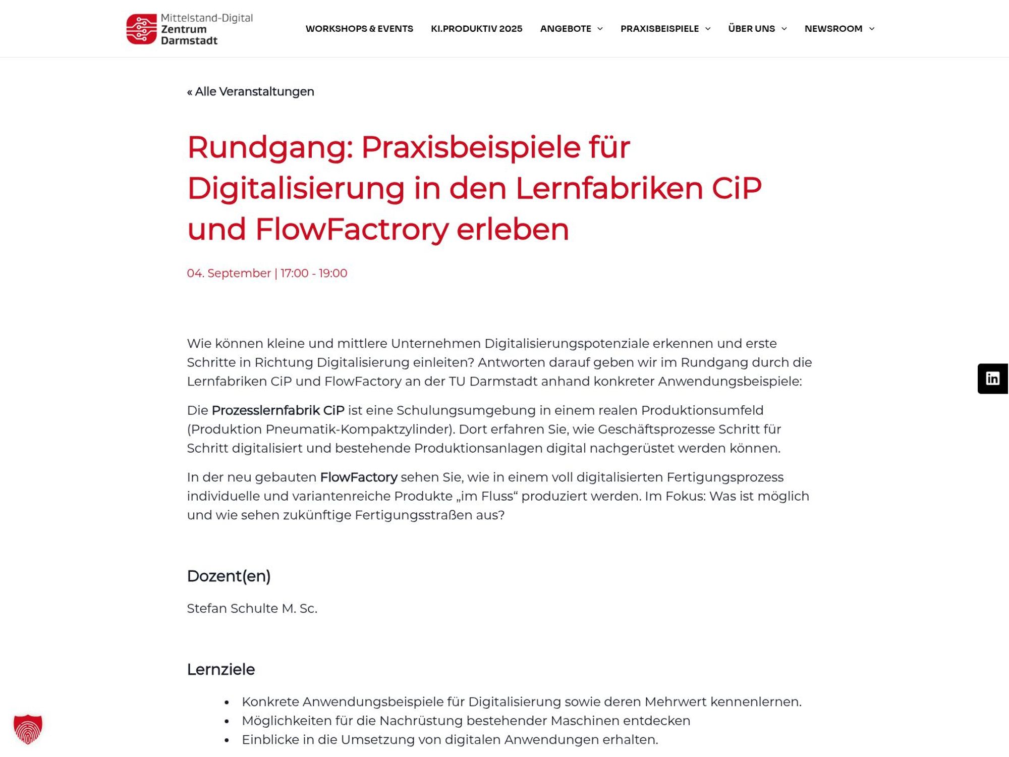 Rundgang: Praxisbeispiele für Digitalisierung in den Lernfabriken CiP und FlowFactrory erleben website