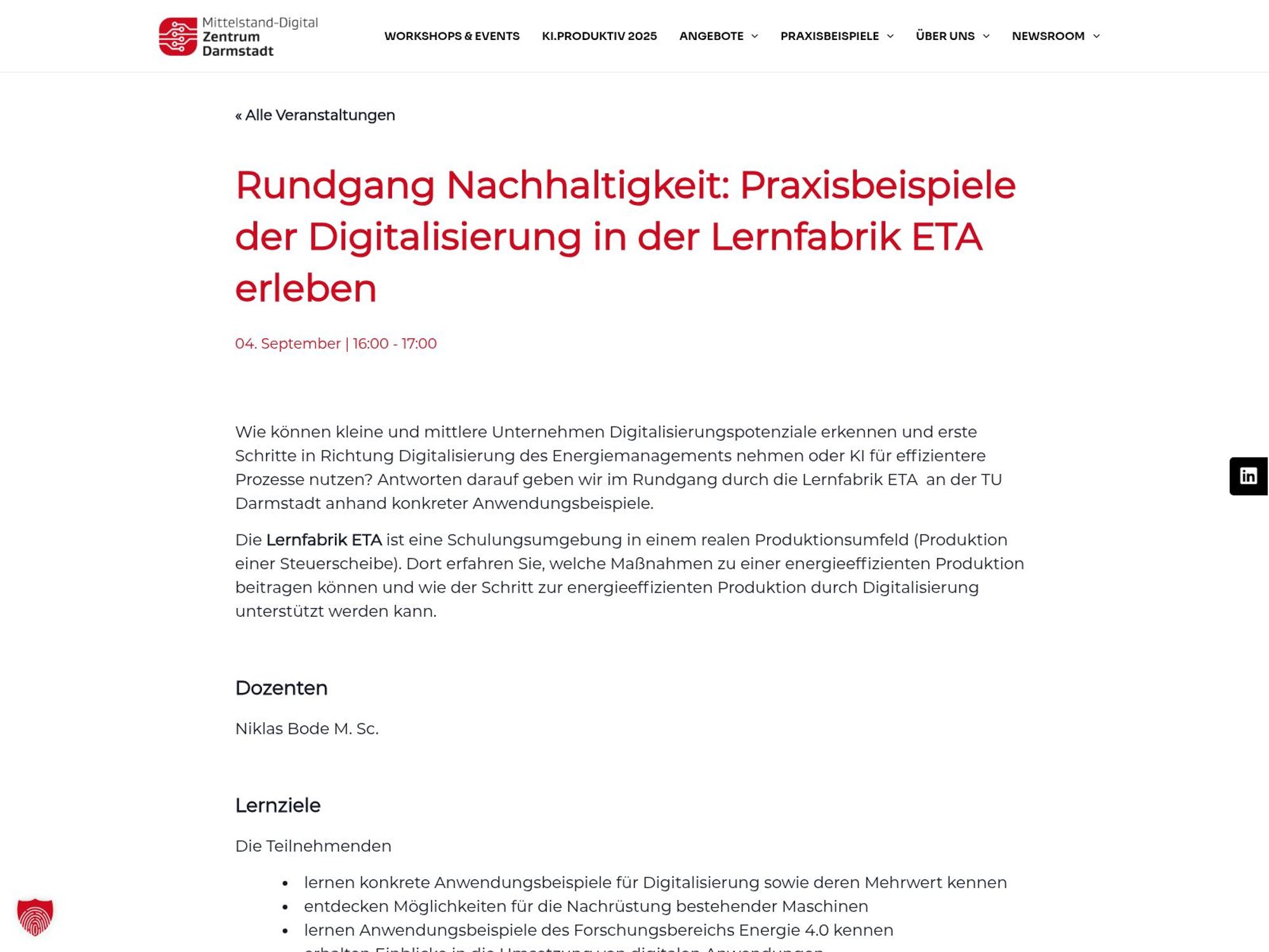 Rundgang Nachhaltigkeit: Praxisbeispiele der Digitalisierung in der Lernfabrik ETA erleben website