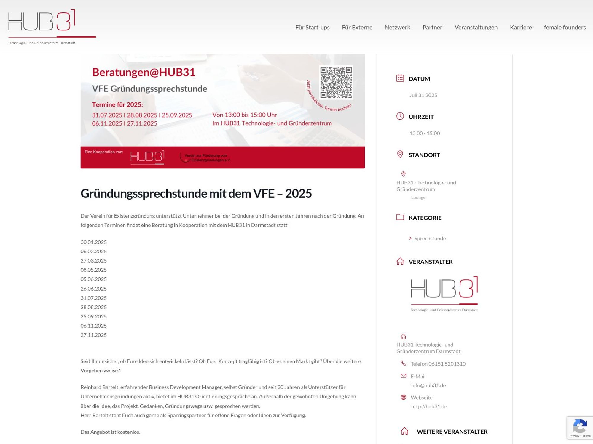 Gründungssprechstunde mit dem VFE im HUB31 website