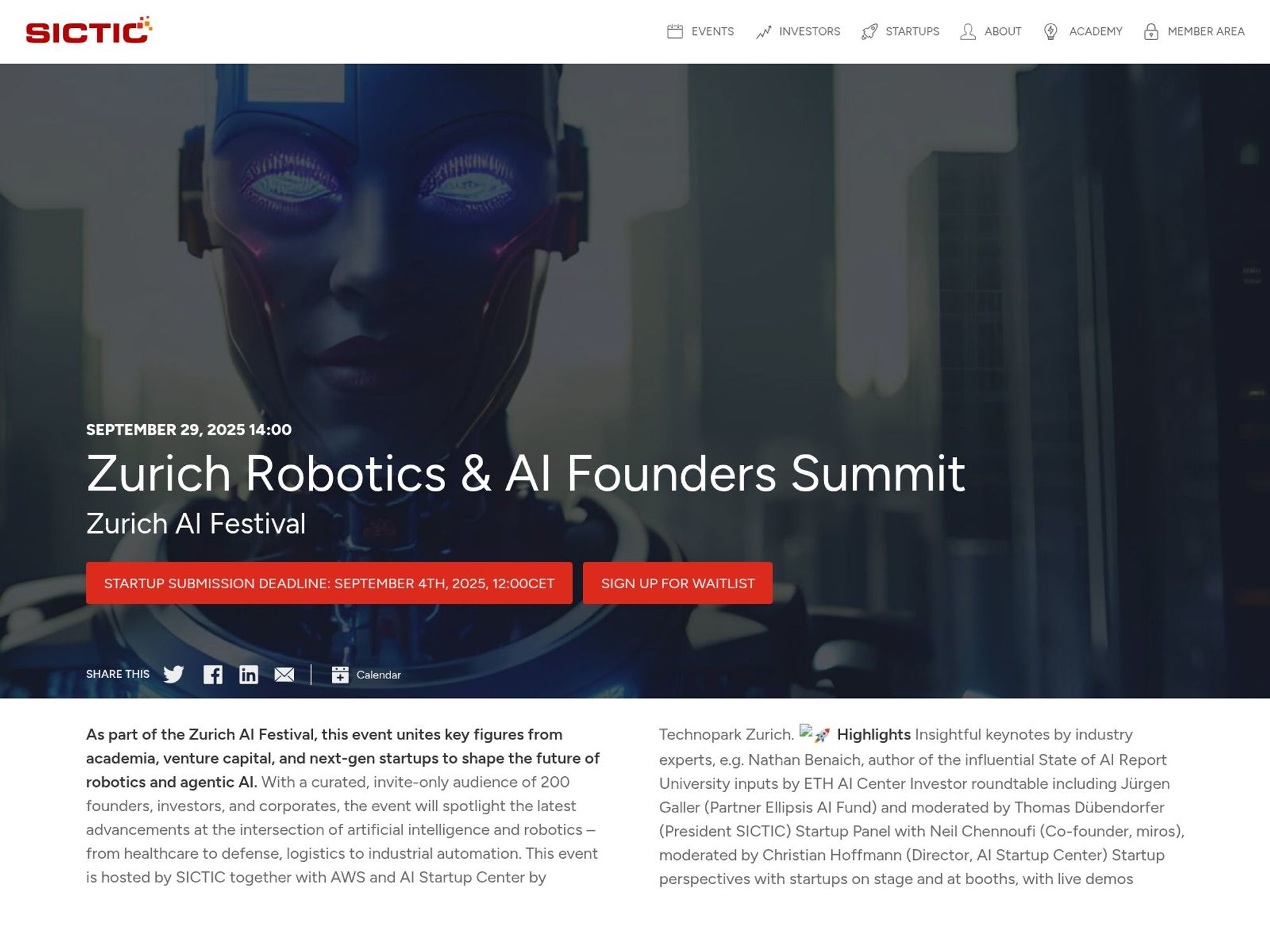 Zurich Robotics & AI Founders Summit website