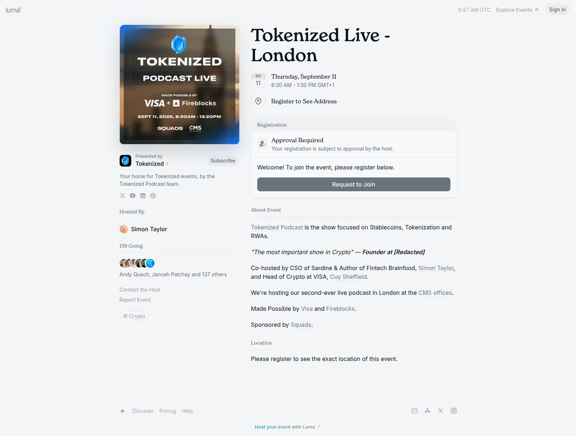 Tokenized Live - London website