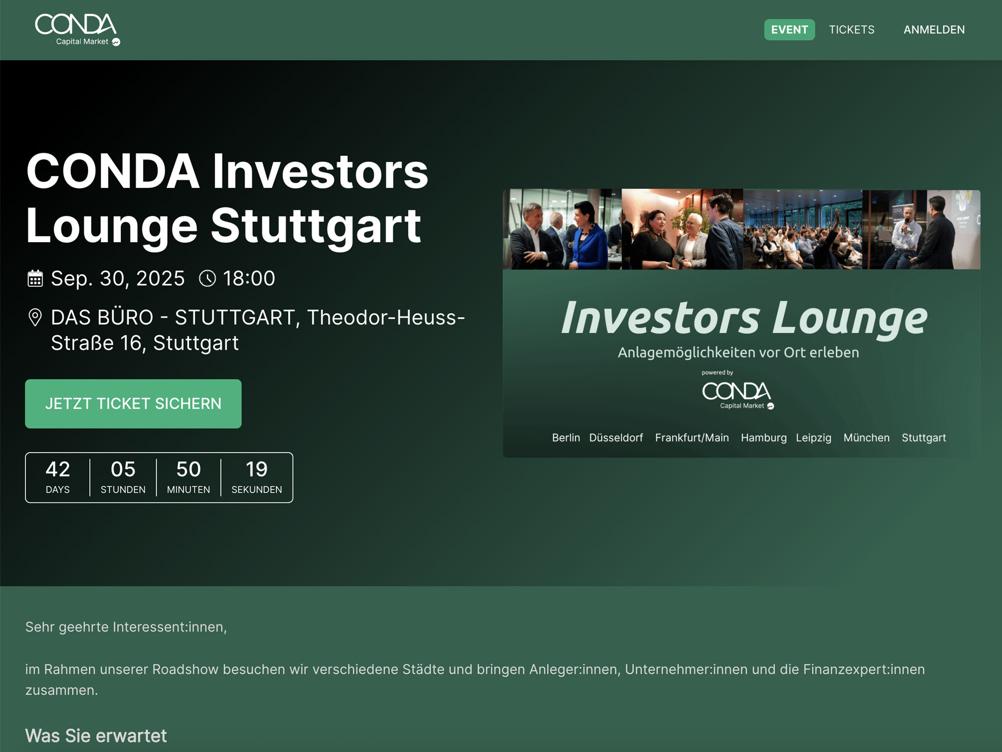 CONDA Investors Lounge Stuttgart website
